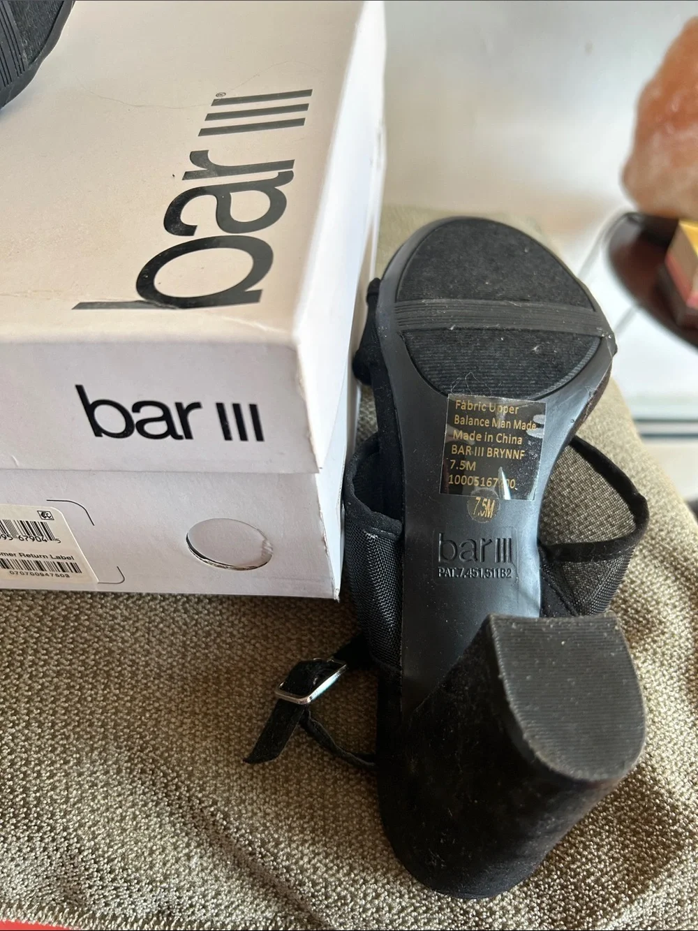 Bar III Black Mesh Block Heel Sandal with Ankle Strap